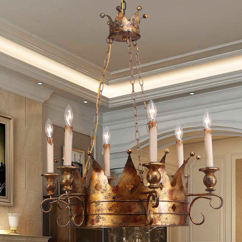 Pendre suspendu de la couronne de campagne 6 lumières du plafond en métal Chandelier en laiton antique pour le salon