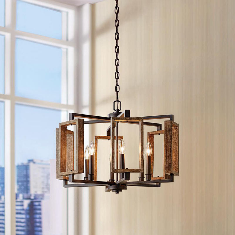Brun 6 lumières lustre éclairage rustique pendant rectangulaire en métal pour chambre à coucher
