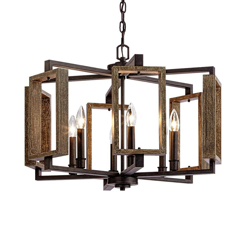 Brun 6 lumières lustre éclairage rustique pendant rectangulaire en métal pour chambre à coucher