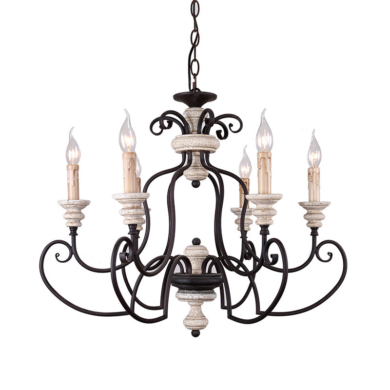 Traditional Candle-Style Hanging Lamp 6 Bulbs Metal Chandelier Light Fixture in Black
