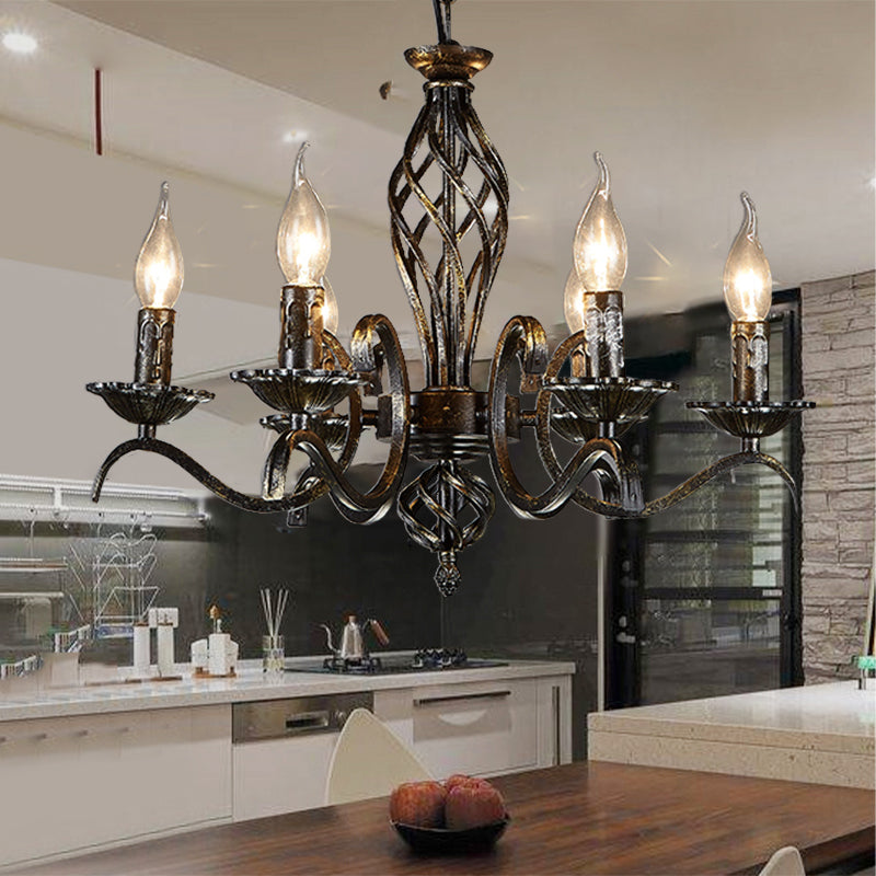 Candle Hanging Lamp Traditional Metal 6 Bulbs Black Chandelier Pendant Light for Kitchen Island