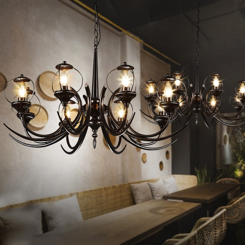 Metal Black Hanging Chandelier Curved Arm 6 Bulbs Traditional Pendant Light Fixture for Restaurant