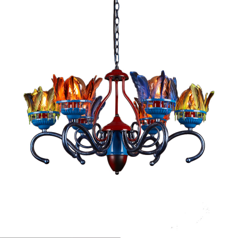 6 Lights Chandelier Lighting Fixture Antique Feather Metal Ceiling Suspension Lamp in Orange-Blue for Restaurant
