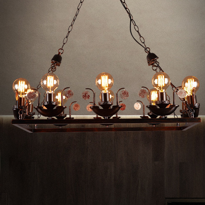 Rust Rectangular Pendant Chandelier Industrial Metal 10-Head Bedroom Hanging Ceiling Light
