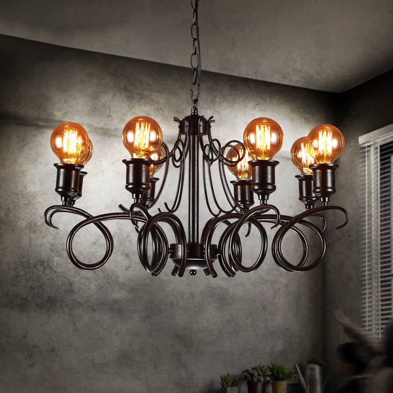 Metal Black Hanging Chandelier Swirled Arm 8-Bulb Traditional Suspension Light for Living Room
