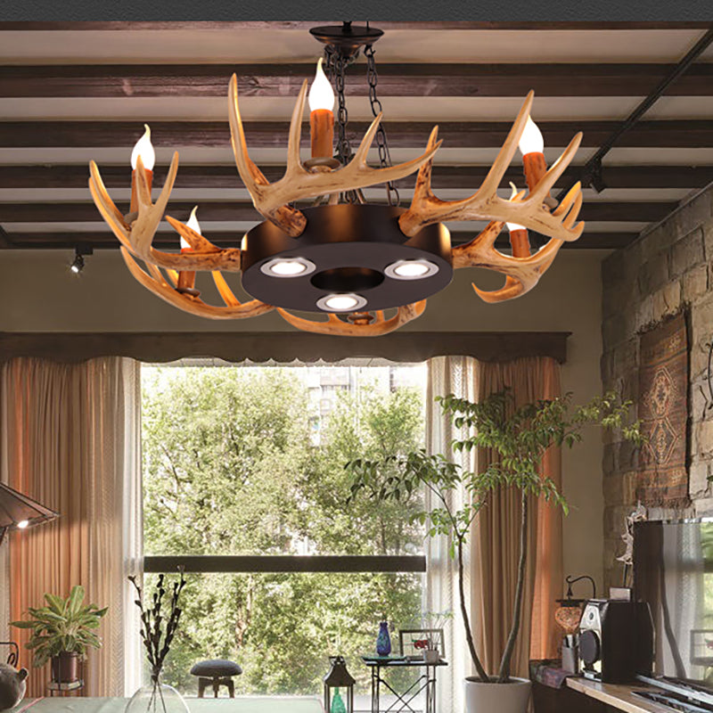6-Light Antler Chandelier Light Farmhouse Brown Resin Suspension Pendant for Living Room
