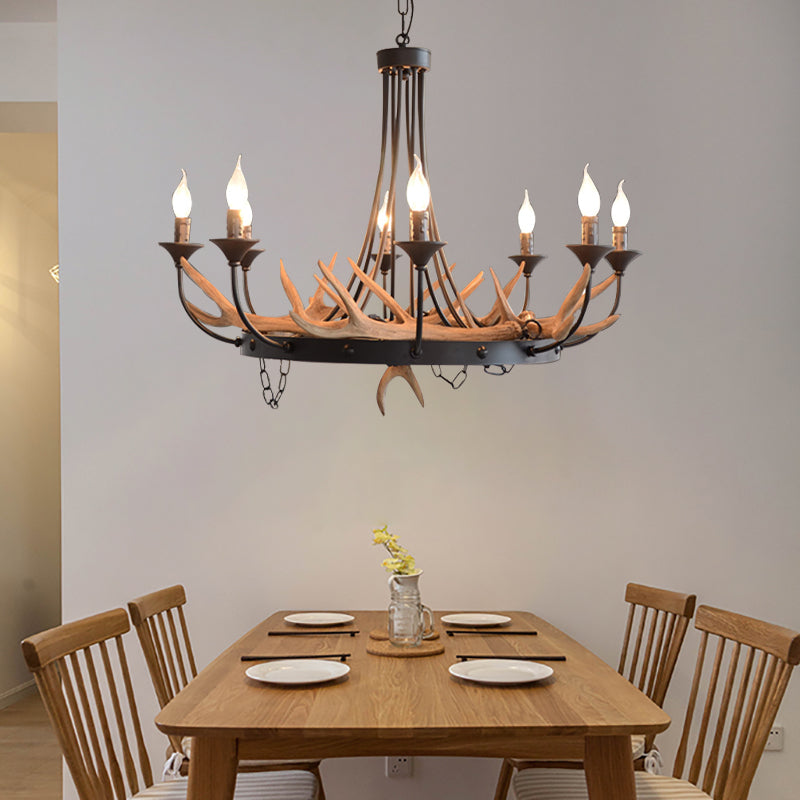 Candelabra Resin Ceiling Lamp Cottage 8-Bulb Dining Room Pendant Chandelier in Black