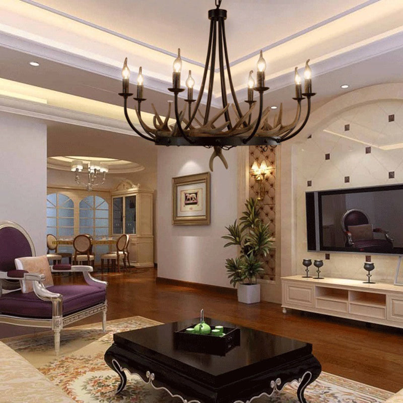 Candelabra Resin Ceiling Lamp Cottage 8-Bulb Dining Room Pendant Chandelier in Black