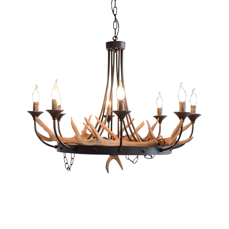Candelabra Resin Ceiling Lamp Cottage 8-Bulb Dining Room Pendant Chandelier in Black