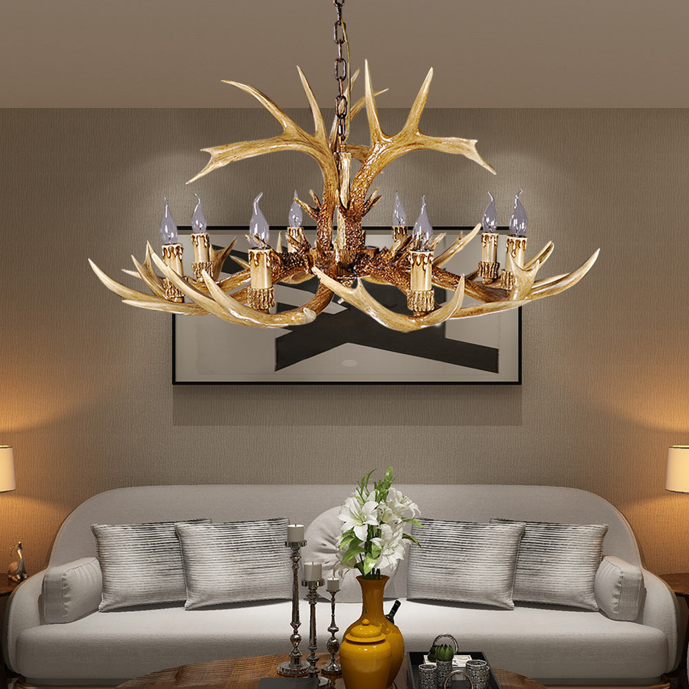 Traditional Antler Shaped Hanging Lamp 8 Bulbs Resin Chandelier Light Fixture in Brown