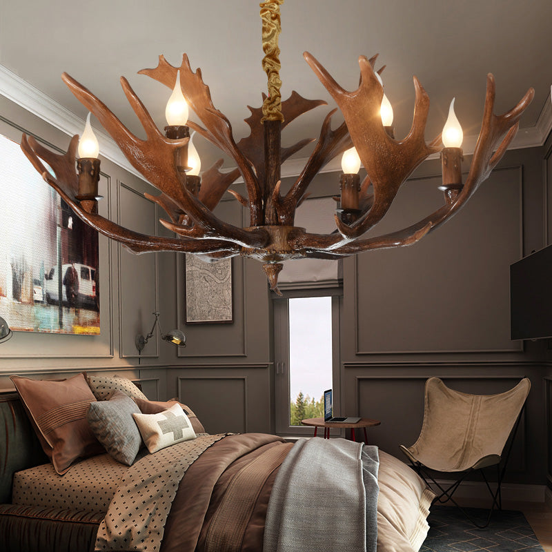 Candle Shape Bedroom Hanging Lamp Traditional Resin 6-Bulb Brown Chandelier Pendant Light with Antler