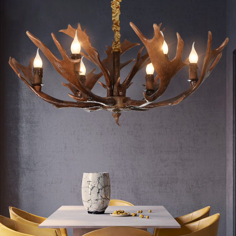 Candle Shape Bedroom Hanging Lamp Traditional Resin 6-Bulb Brown Chandelier Pendant Light with Antler