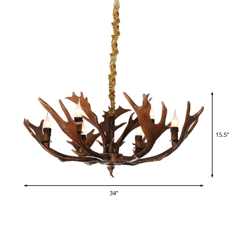 Candle Shape Bedroom Hanging Lamp Traditional Resin 6-Bulb Brown Chandelier Pendant Light with Antler