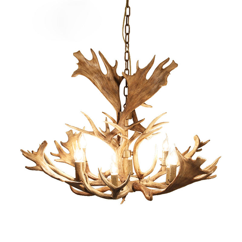 Resin Brown Hanging Chandelier Candle-Style 8 Bulbs Rural Pendant Light Fixture for Dining Room