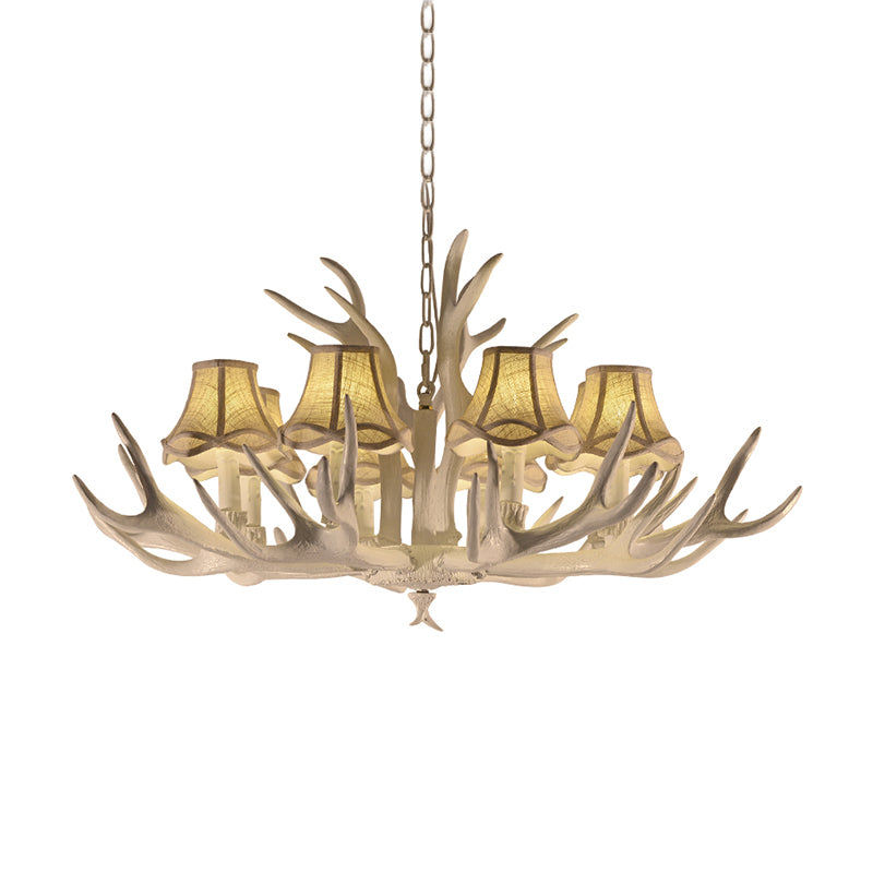 8 Heads Resin Chandelier Rustic Style White Cone Shade Living Room Pendant Light with Antler