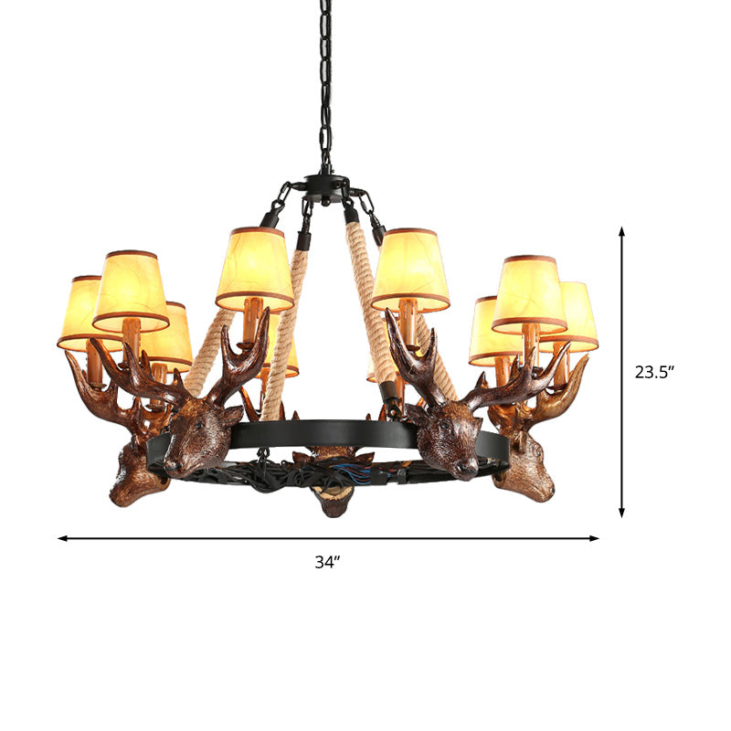 Resin Tapered Shade Chandelier Lamp Rural 10-Head Restaurant Pendant Ceiling Light in Black