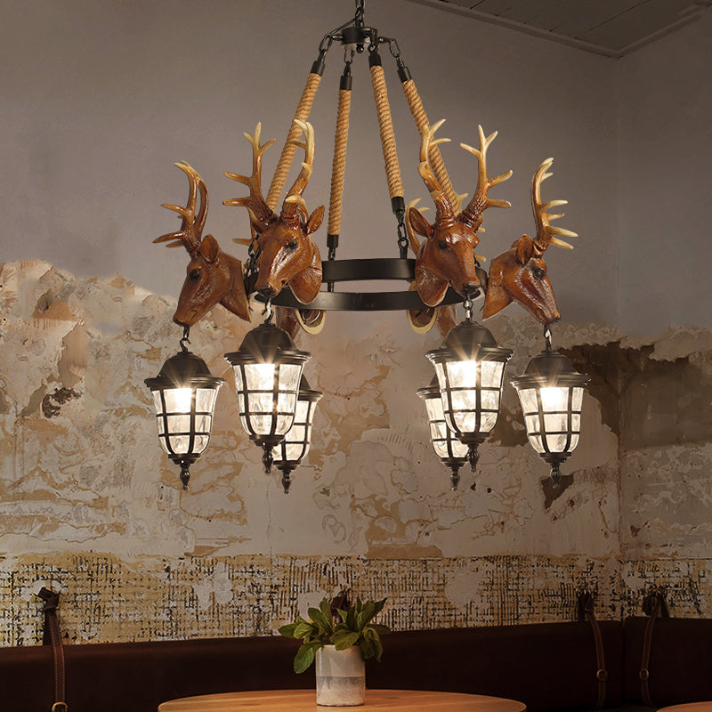 Traditional Wagon Wheel Hanging Lamp 6 Bulbs Resin Chandelier Light Fixture with Deer Head in Brown