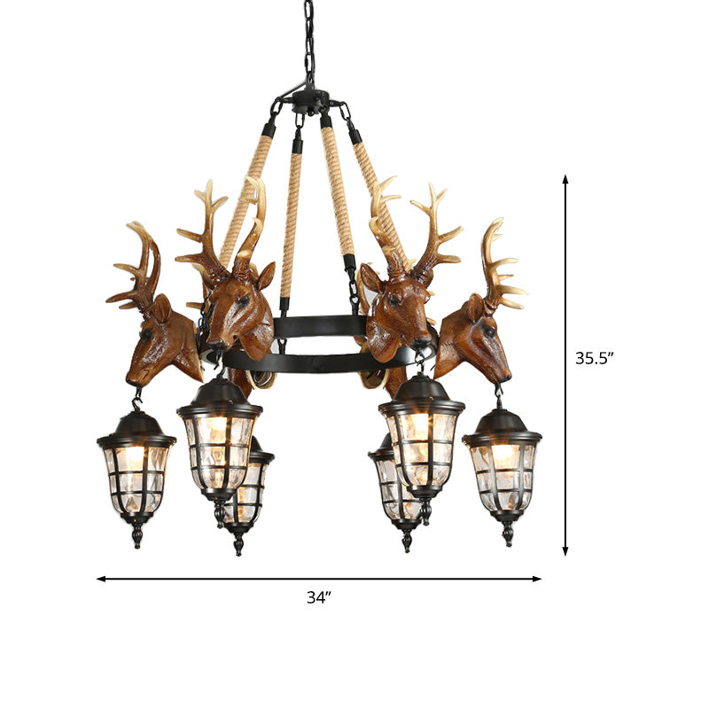 Traditional Wagon Wheel Hanging Lamp 6 Bulbs Resin Chandelier Light Fixture with Deer Head in Brown