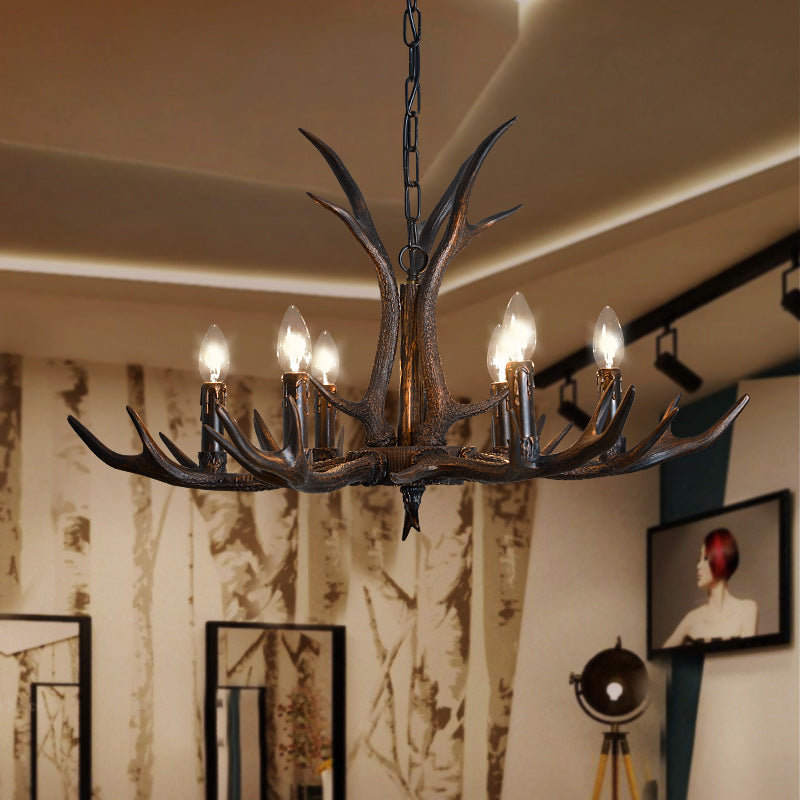 Candelabra Esszimmer Hängende Lampe Traditionelles Harz 4/6/8 Glühbirnen Schwarzer Kronleuchter Anhänger Licht mit Hirschgeweihen