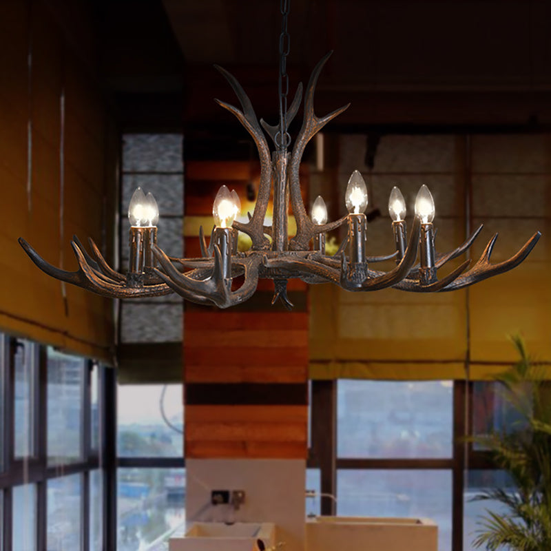 Candelabra Esszimmer Hängende Lampe Traditionelles Harz 4/6/8 Glühbirnen Schwarzer Kronleuchter Anhänger Licht mit Hirschgeweihen