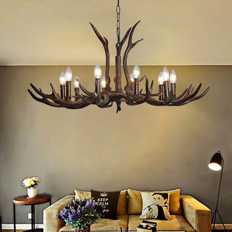 Candelabra Esszimmer Hängende Lampe Traditionelles Harz 4/6/8 Glühbirnen Schwarzer Kronleuchter Anhänger Licht mit Hirschgeweihen
