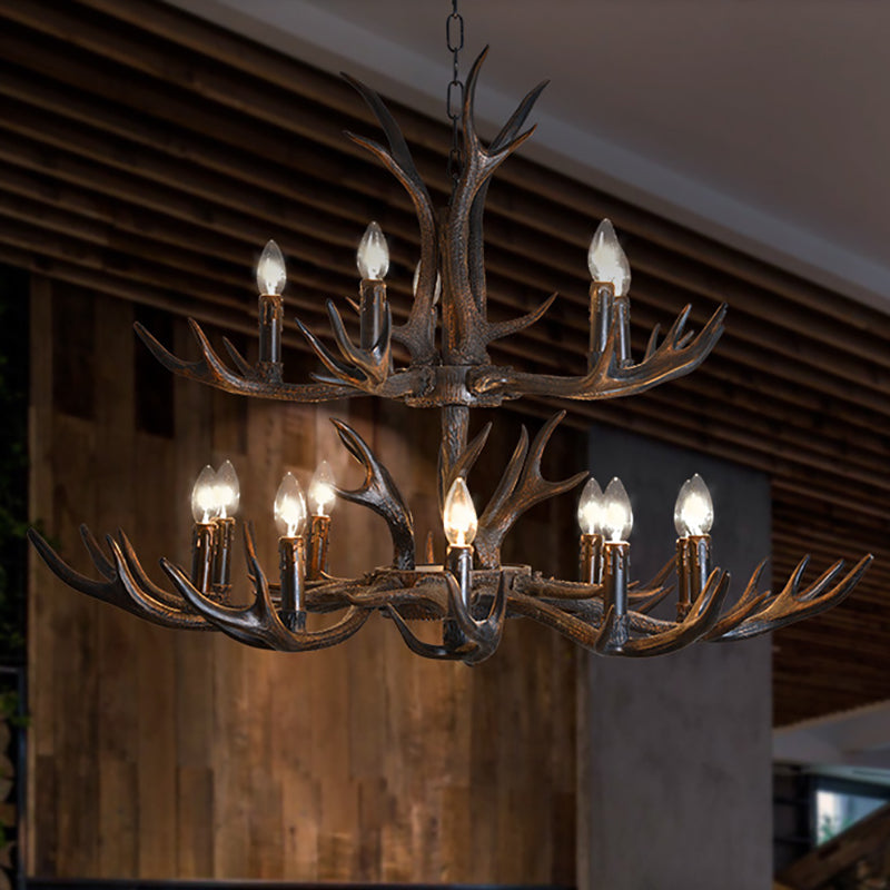 Candelabra Esszimmer Hängende Lampe Traditionelles Harz 4/6/8 Glühbirnen Schwarzer Kronleuchter Anhänger Licht mit Hirschgeweihen