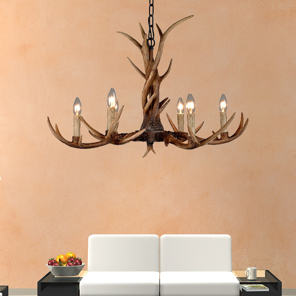 Countryside Faux Antler Hanging Pendant 6/8/10 Lights Resin Ceiling Chandelier in Brown for Living Room