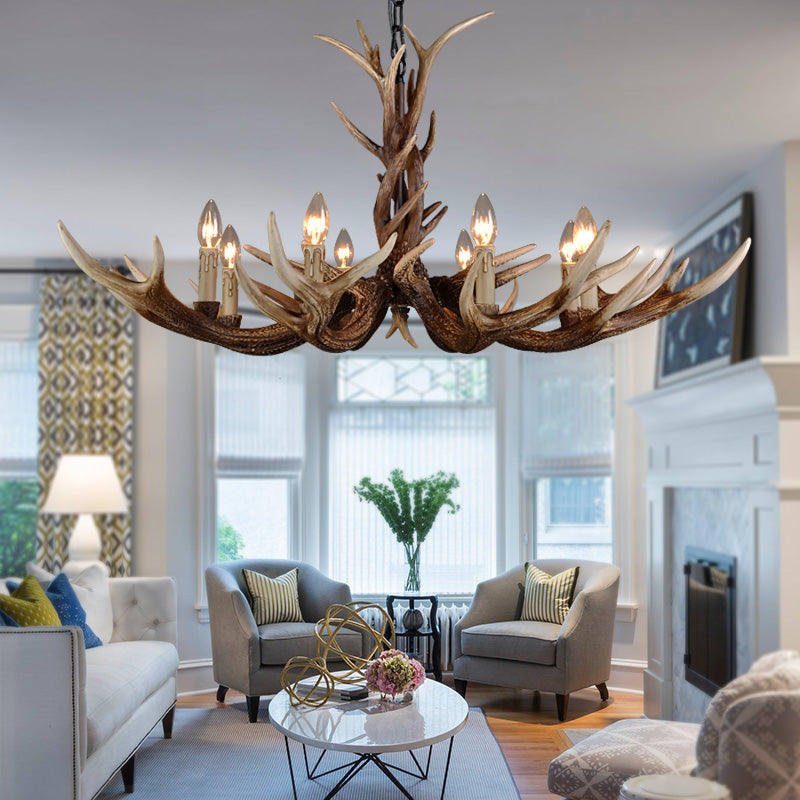 Countryside Faux Antler Hanging Pendant 6/8/10 Lights Resin Ceiling Chandelier in Brown for Living Room