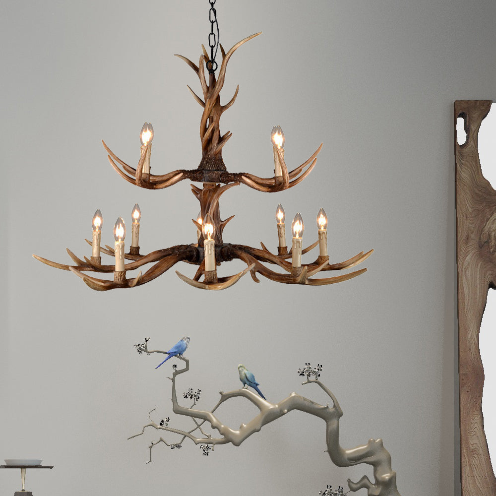 Countryside Faux Antler Hanging Pendant 6/8/10 Lights Resin Ceiling Chandelier in Brown for Living Room