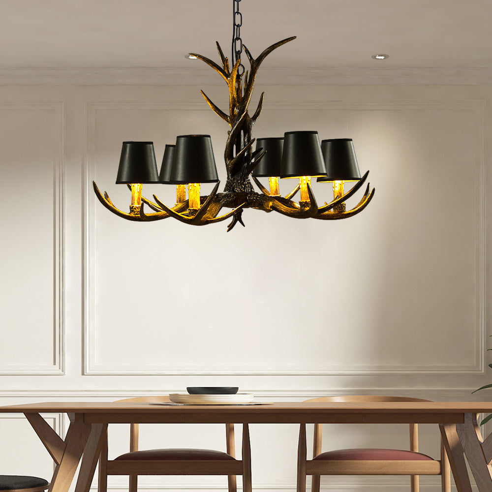Black 6/8 Lights Chandelier Lighting Rustic Resin Cone Pendant Lamp with Antler for Living Room