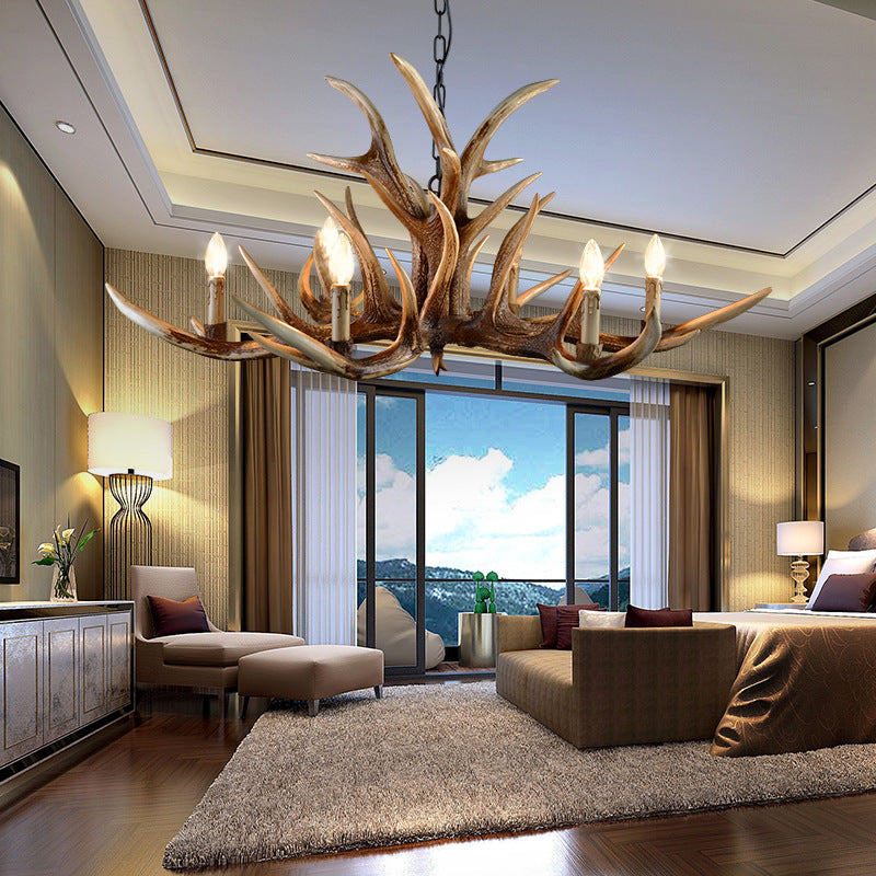 Resin Candelabra Chandelier Lamp Farmhouse 6/10/15-Head Bedroom Pendant Ceiling Light in Brown