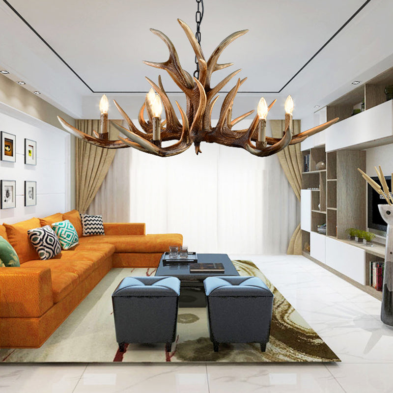 Resin Candelabra Chandelier Lamp Farmhouse 6/10/15-Head Bedroom Pendant Ceiling Light in Brown