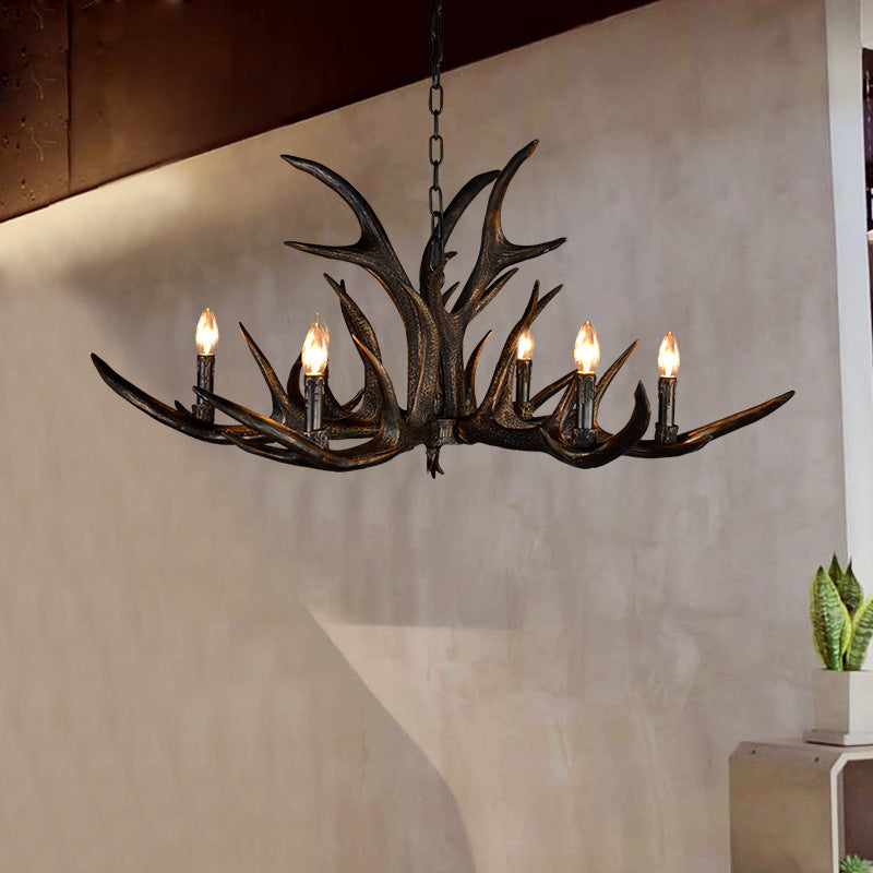 Traditional Candle Hanging Lamp 6/10/15 Bulbs Resin Chandelier Light Fixture in Black for Store