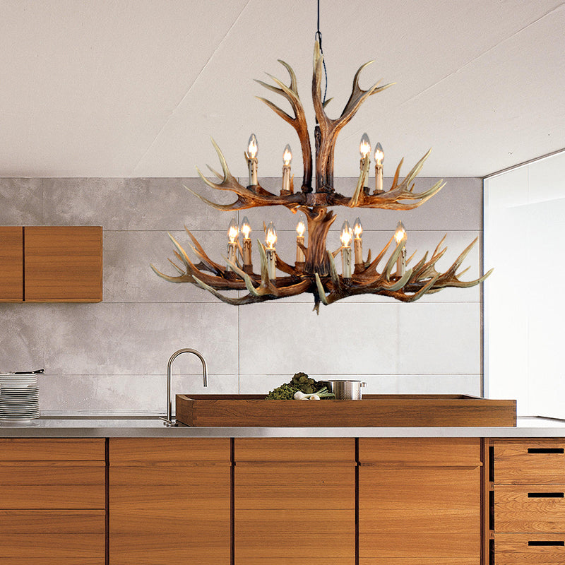 2-Tier Hanging Lamp Rustic Resin 12/15 Bulbs Brown Chandelier Pendant Light for Kitchen Island