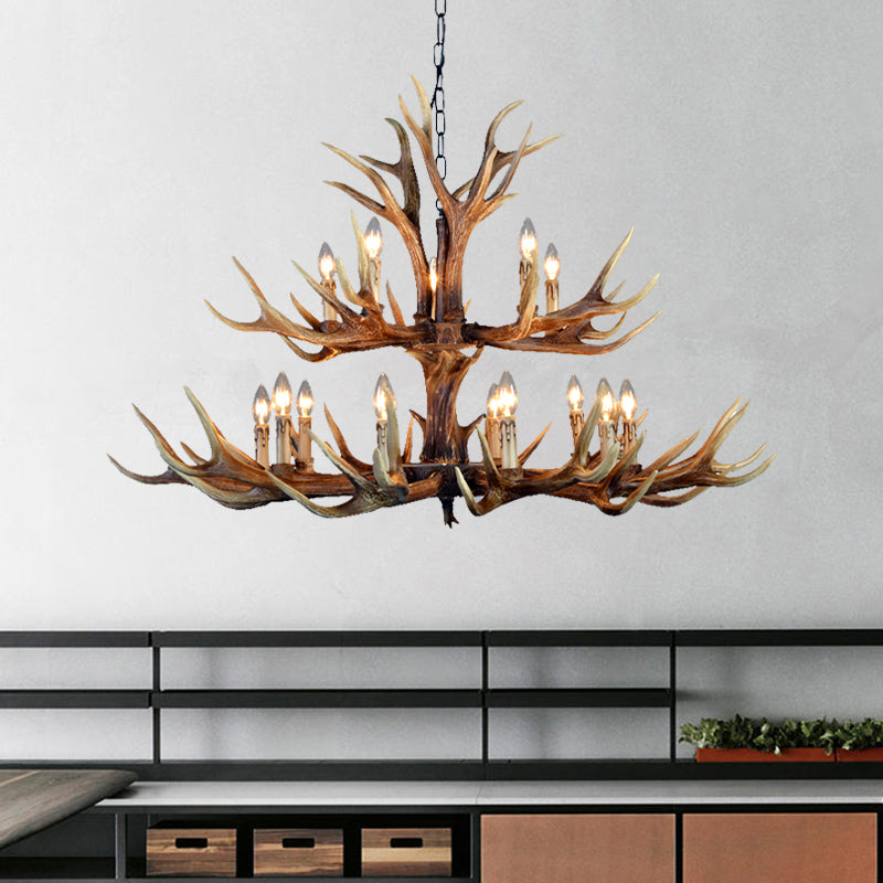 2-Tier Hanging Lamp Rustic Resin 12/15 Bulbs Brown Chandelier Pendant Light for Kitchen Island