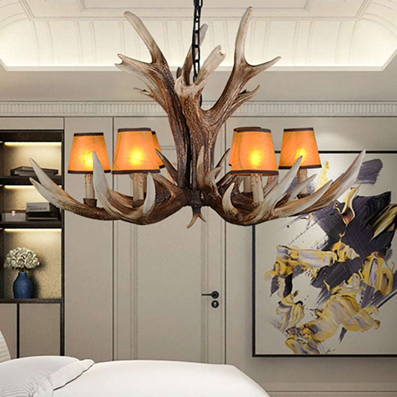 Resin Conical Chandelier Lamp Rustic 6/8/10-Head Bedroom Pendant Ceiling Light with Antler in Brown
