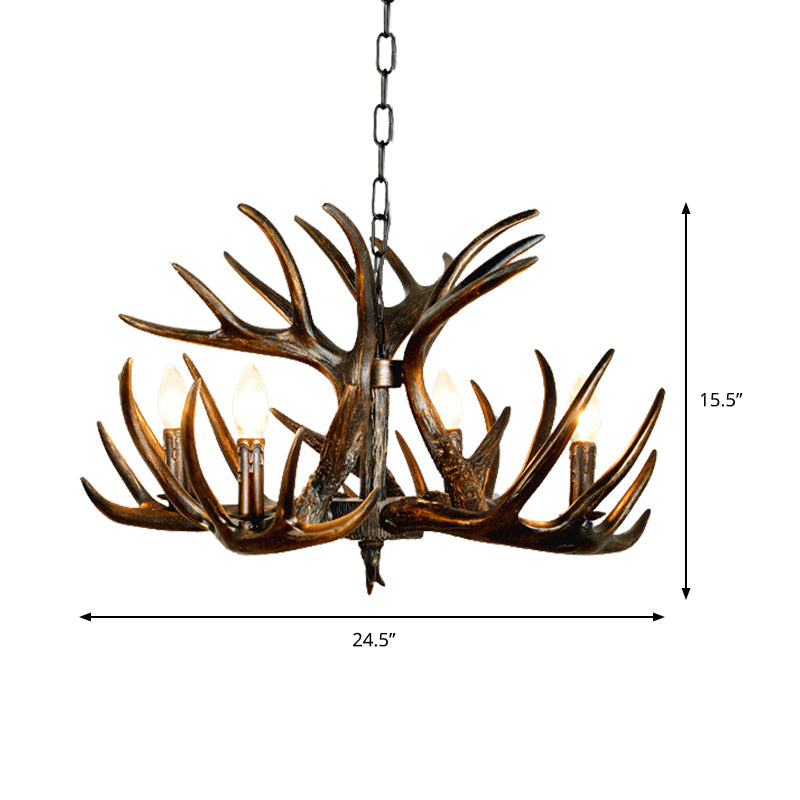 Traditional Candle Hanging Lamp 4/6/9 Bulbs Resin Chandelier Light Fixture with Deer Antler in Brown