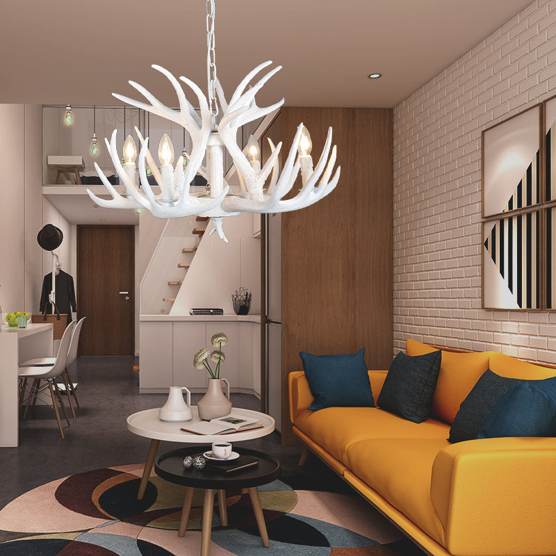 4/6/9 Lights Chandelier Lighting Fixture Rural Candle Resin Ceiling Suspension Lamp in White for Restaurant