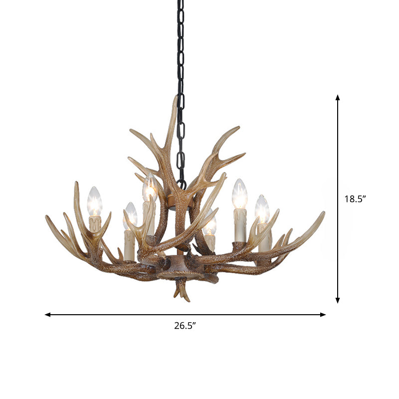 Brown 4/6/8 têtes CHANDELIER LIGHTING RUSTIC Resin Resin Candle Suspension Lampe avec bois pour salle à manger