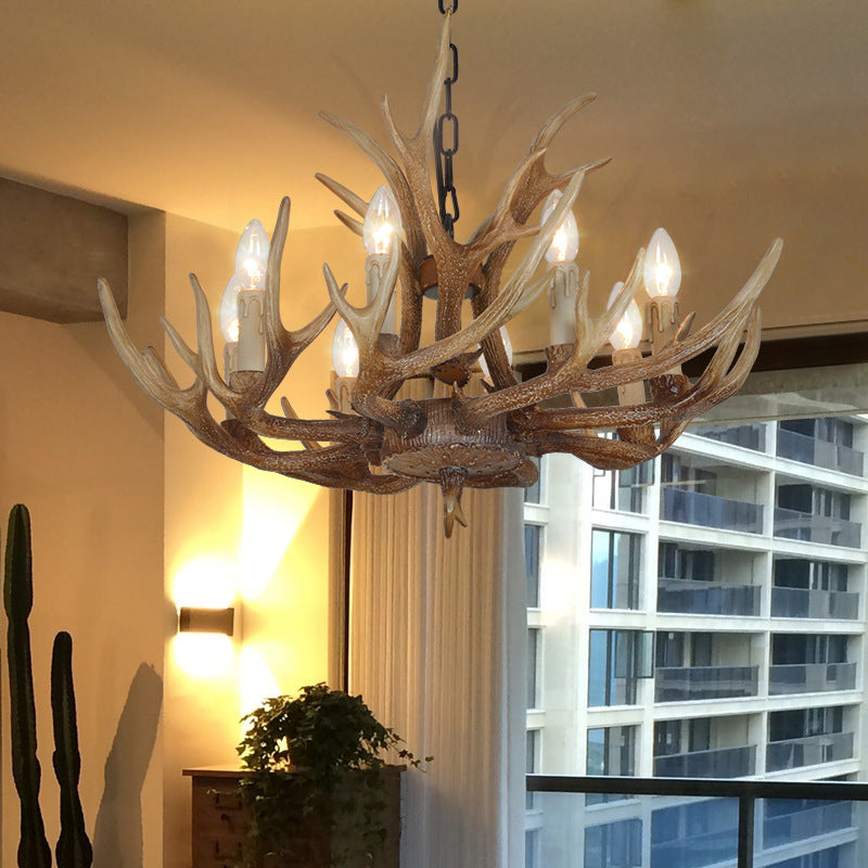 Brown 4/6/8 têtes CHANDELIER LIGHTING RUSTIC Resin Resin Candle Suspension Lampe avec bois pour salle à manger