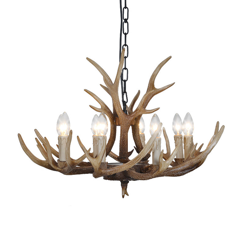 Brown 4/6/8 têtes CHANDELIER LIGHTING RUSTIC Resin Resin Candle Suspension Lampe avec bois pour salle à manger