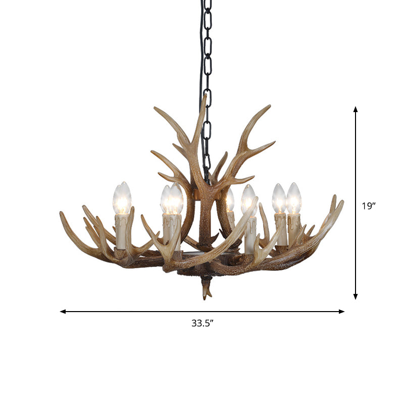 Brown 4/6/8 têtes CHANDELIER LIGHTING RUSTIC Resin Resin Candle Suspension Lampe avec bois pour salle à manger