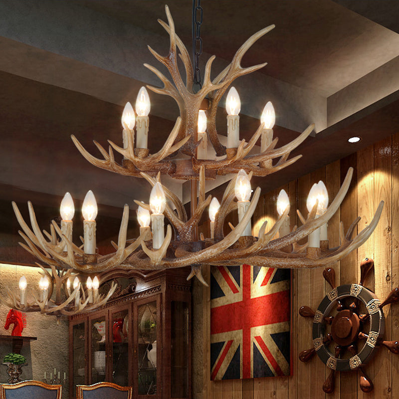 Brown 4/6/8 têtes CHANDELIER LIGHTING RUSTIC Resin Resin Candle Suspension Lampe avec bois pour salle à manger