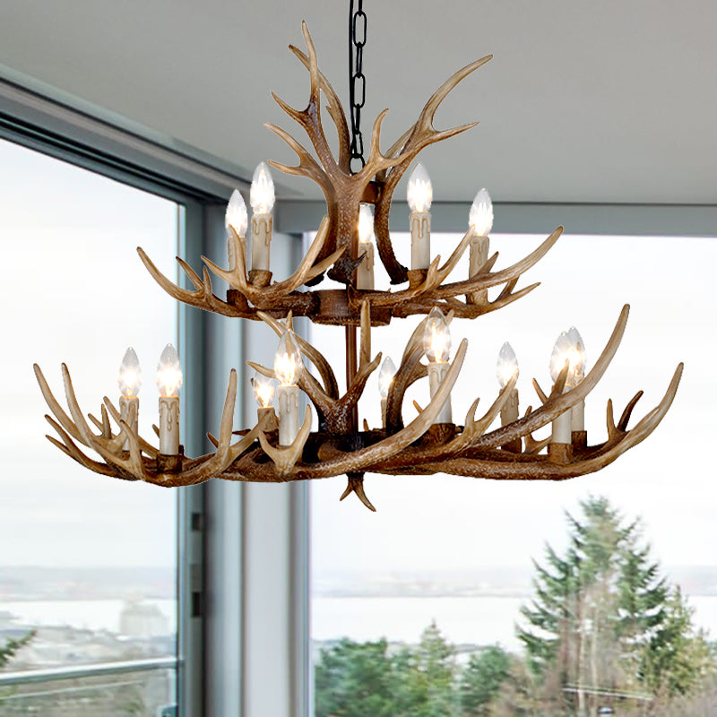 Brown 4/6/8 têtes CHANDELIER LIGHTING RUSTIC Resin Resin Candle Suspension Lampe avec bois pour salle à manger