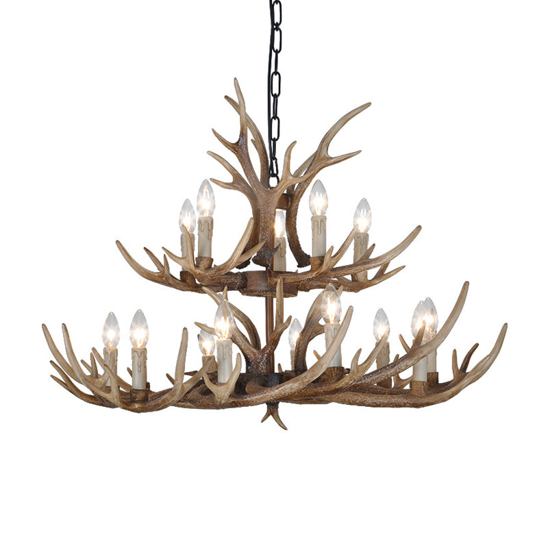 Brown 4/6/8 têtes CHANDELIER LIGHTING RUSTIC Resin Resin Candle Suspension Lampe avec bois pour salle à manger
