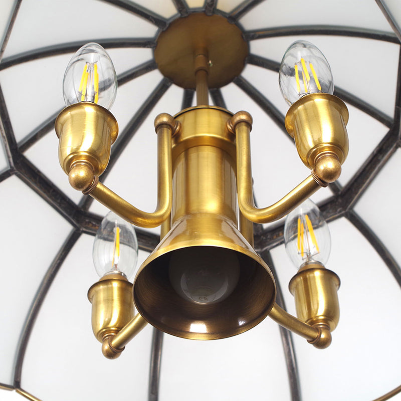 Traditional Hat Hanging Chandelier White Glass 5 Bulbs Suspension Light in Brass for Dining Room