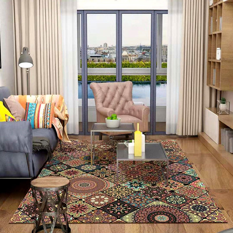 Oriental Floral Print Rug Multi Color Cotton Blend Area Carpet Non-Slip Backing Pet Friendly Indoor Rug for Living Room