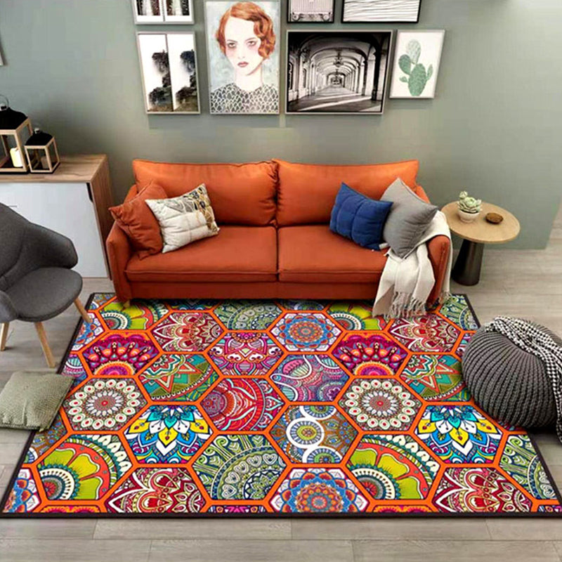 Oriental Floral Print Rug Multi Color Cotton Blend Area Carpet Non-Slip Backing Pet Friendly Indoor Rug for Living Room