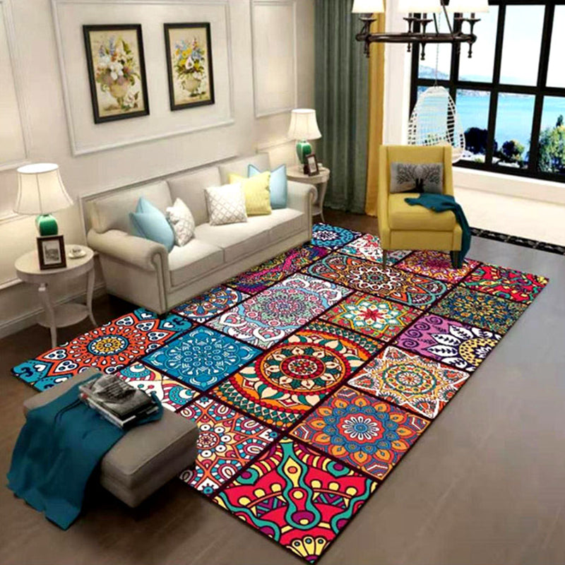 Oriental Floral Print Rug Multi Color Cotton Blend Area Carpet Non-Slip Backing Pet Friendly Indoor Rug for Living Room