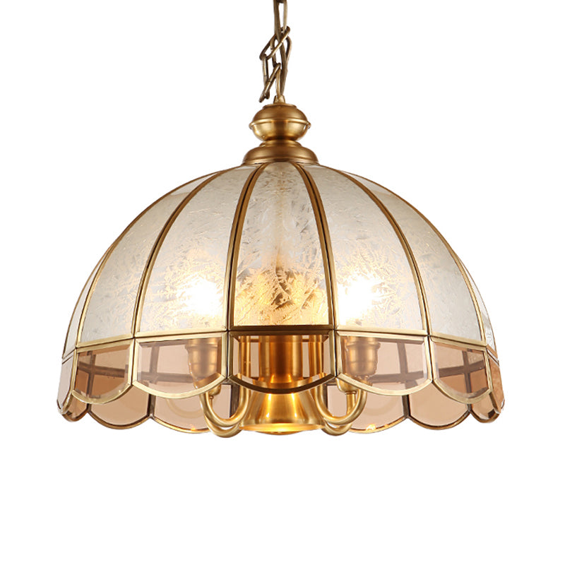 Cúpula de vidrio helado Candelier retro 6 cabezas de techo de latón Luz de techo de latón para comedor
